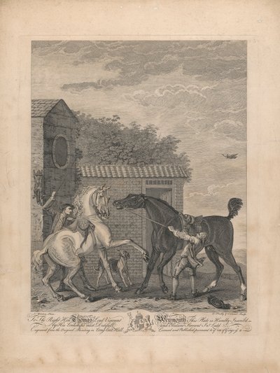 Een set van zeven, ongetiteld, elk opgedragen: Aan de Zeer Eerwaarde Thomas Lord Viscount Weymouth...van het Originele Schilderij in Long Leat Hall. [Twee paarden die onrustig buiten een stal staan...] door L. Truchy