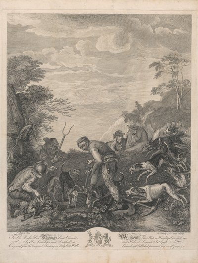 Een set van zeven, ongetiteld, elk opgedragen: Aan de Eerwaarde Thomas Lord Viscount Weymouth...van het Originele Schilderij in Long Leat Hall. [Drie mannen die een vossenhol uitgraven, gretig bekeken door honden...] door L. Truchy