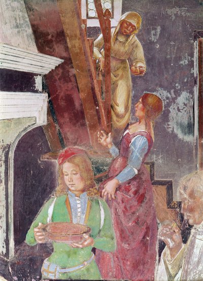 Jonge dienaar met een bord, detail van St. Benedictus ontvangt gastvrijheid, uit het leven van St. Benedictus, 1497-98 (detail) door L. and Sodoma, G. Signorelli