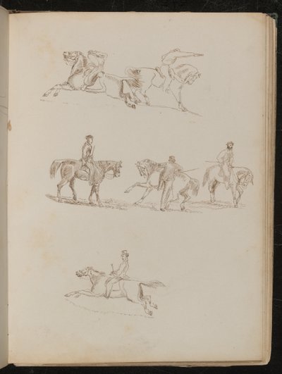 Zes studies van paarden met verschillende mannelijke ruiters in verschillende houdingen, een met opgeheven pistool (pen en inkt) door Lady  Butler