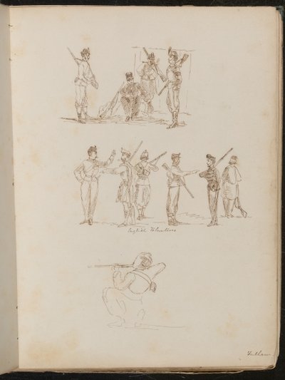 Studies van groepen soldaten met wapens in rust, met opschrift 
