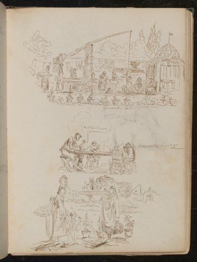 Een tuin- en wasscène met vrouwelijke figuren met inscriptie "Genoese Bron", en een studie van vier figuren met inscriptie "Manenti