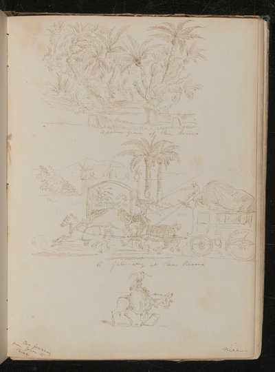 "Een palmbos in San Remo", een door paarden getrokken koets voor "een poort in San Remo", een vrouwelijke figuur te paard door Lady Butler
