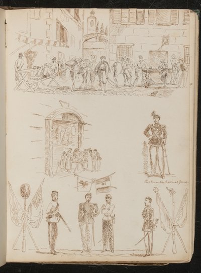 Een stadstafereel met drinkende soldaten, studie van een marktkraam, studie van een Piëmontese nationale garde, studie van vier soldaten en gekruiste vlaggen door Lady Butler