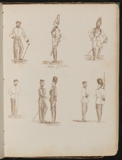 Acht studies van staande soldaten in uniform, met opschrift 