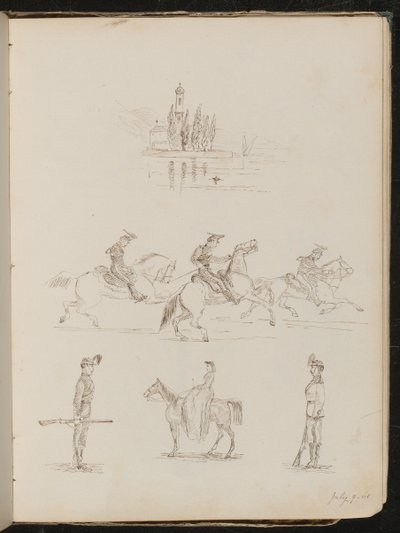 Vijf studies van een kerk, soldaten in vol ornaat te paard, een soldaat op wacht en een studie van een vrouw die zijwaarts rijdt door Lady Butler