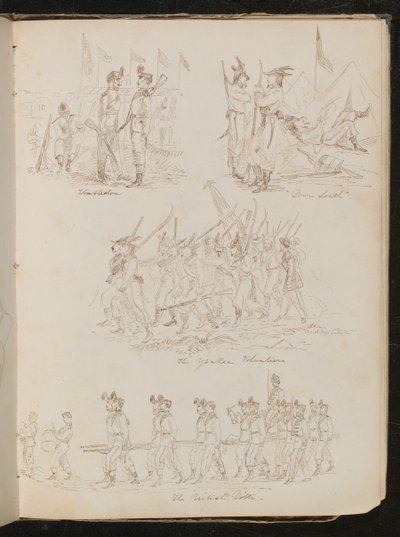 Vier bataljonsscènes met opschrift "Wimbledon", "Down South", "The Yankee Volunteers", "The British Ditto" met verschillende soldatentypes door Lady Butler