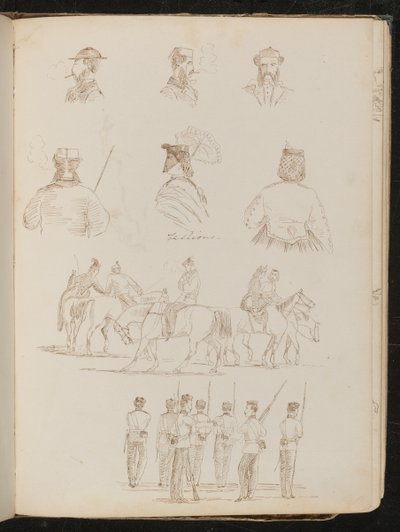 Vier studies van mannelijke bustes, twee van een vrouw met parasol, studie van een groep mannen en een vrouw te paard, studie van een groep soldaten door Lady Butler