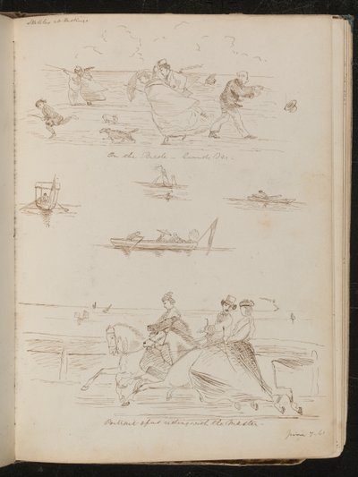 "Op de Parade, een winderige dag", boten met dagjesmensen, ruiters te paard met opschrift "rijden met de meester" door Lady Butler
