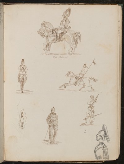 Zes Studies van Soldaten, Eén te Paard Ingeschreven "de Blues", Kleine Studie van Paard van Voor door Lady Butler