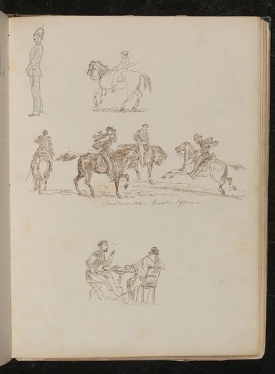Soldaat in volledig uniform, studies van een jongeman met hengel te paard, vier mannen te paard met inscriptie "Piëmontese Cavalerie Officieren" door Lady Butler