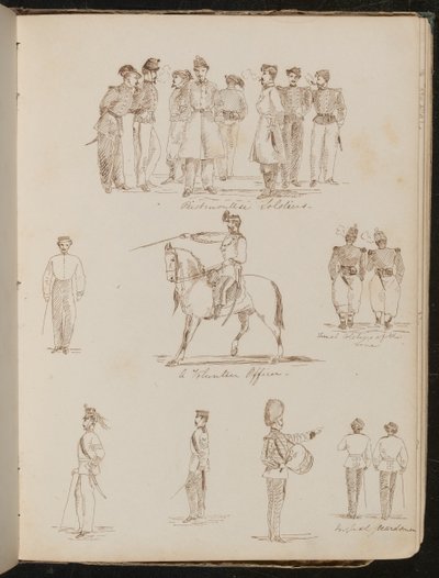 Studies van acht soldaten met opschrift 