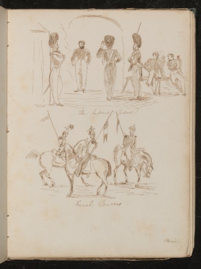 Studies van soldaten met inscriptie "Keizerlijke Garde", soldaten te paard met vlaggen met inscriptie "Franse Lansiers" door Lady Butler