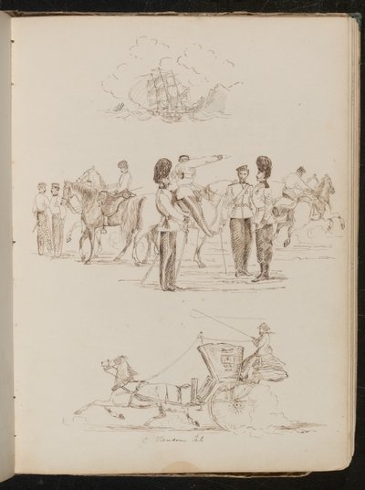 Studie van een schip op water, studie van acht soldaten en vijf paarden, studie van een paard en wagen met vrouwelijke ruiter door Lady Butler