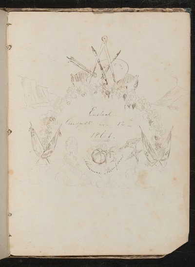 Studie van Kunstenaarsmaterialen, Vlinder, Bloemen, Vlaggen, Klifgezicht en Krans in Wapenschildformatie Rondom Inscriptie "Geëindigd 12 Augustus 1861" door Lady Butler