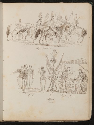 Studie van soldaten te paard met inscriptie "Life Guards", studie van groepen soldaten met vlaggen, rokend en drinkend door Lady Butler