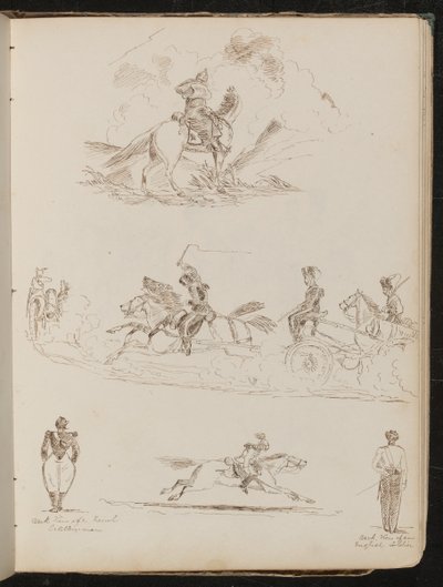 Studie van soldaten te paard die kanonnen trekken, twee uitzichten van artilleriemannen, een soldaat in vol ornaat op galopperend paard door Lady Butler