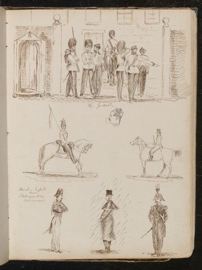 Studie van "de Wachten", Twee Studies van Soldaten te Paard, Drie Studies van Franse, Engelse en Piëmontese Politieagenten door Lady Butler