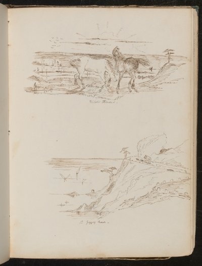 Studie van twee paarden in landschap met inscriptie "Wilde Paarden", studie van kustlandschap en klif met inscriptie "een zigzagweg" door Lady Butler