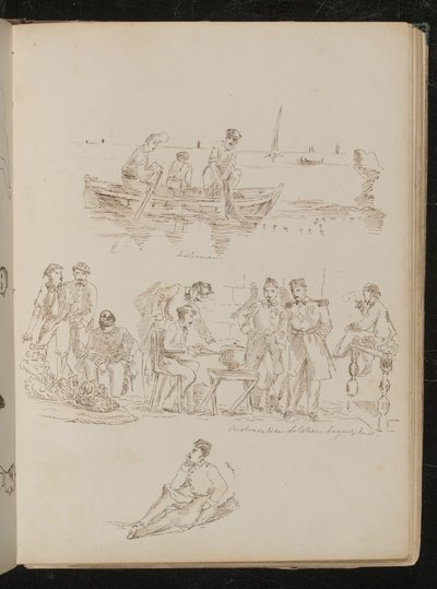 Drie figuren in een roeiboot met opschrift 