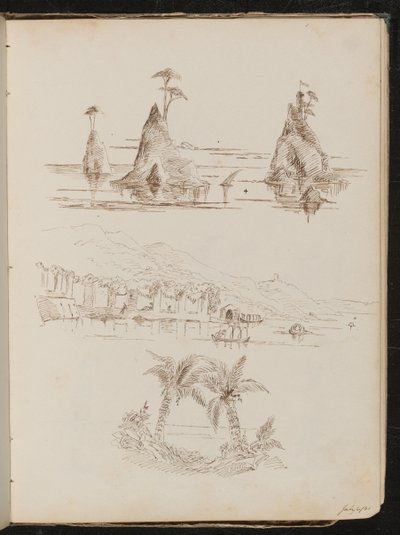 Drie studies van rotsachtige eilanden, een waterrijk landschap met mensen en boten, en palmbomen door Lady Butler