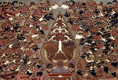 Schilderij in Wayang Beber-stijl geïnspireerd door schaduwtheater (wayang kulit), Mangkunegaran-paleis, Surakarta, Java, Indonesië door Amadeo (after) Modigliani