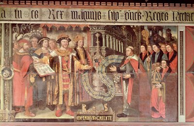 Bisschop Robert Sherburne met Hendrik VIII (1491-1547) c.1508-36 (muurschildering) door Lambert Barnard
