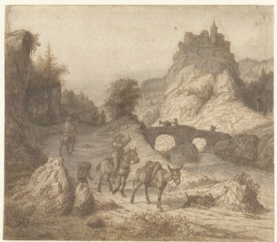 Berglandschap met kasteel en figuren door Lambert Doomer