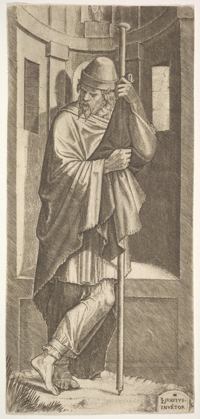 Sint Jacobus Major leunend op een paal voor een nis, zijn linkerbeen over zijn rechter gekruist, 1545 door Lambert Suavius