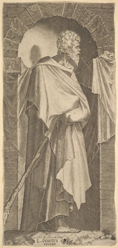 St. Jacobus Minor in een gebogen nis, met een wandelstok in zijn handen door Lambert Suavius