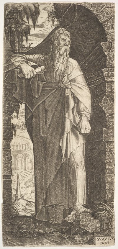 Sint Paulus staand onder een overwoekerde boog, zijn linkervoet op een rots, zijn rechterhand..., 1545 door Lambert Suavius