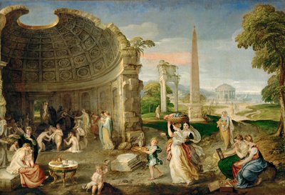 Landschap met antieke ruïnes en badende vrouwen ... (olieverf op doek) door Lambert Sustris