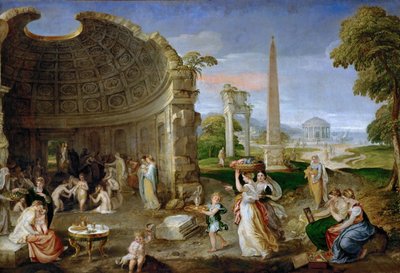 Landschap met antieke ruïnes en badende vrouwen door Lambert Sustris