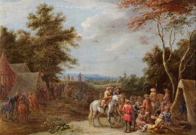 Een kampement met soldaten die kaarten, ca. 1660 door Lambert de Hondt