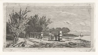 Man en jongen langs de oever van een rivier door Lambertus  Hardenberg