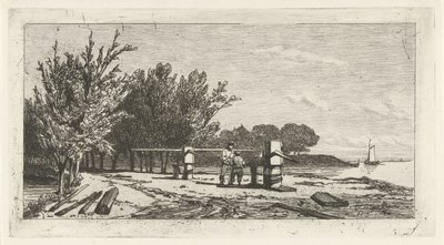 Man en jongen langs de oever van een rivier door Lambertus  Hardenberg