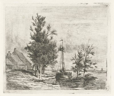 Rivierlandschap met zeilschip en boerderij door Lambertus  Hardenberg
