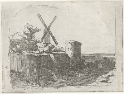 Ruïne met molen door Lambertus  Hardenberg