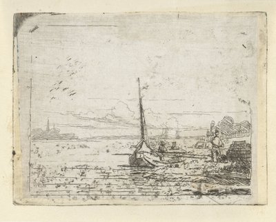 Schip aan een oever door Lambertus  Hardenberg