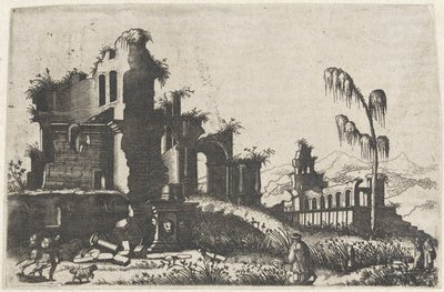 Landschap met begroeide ruïnes en reizigers door Lambertus Suavius