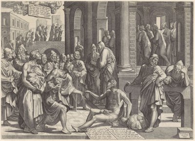 Petrus en Johannes genezen een kreupele aan de tempelpoort door Lambertus Suavius