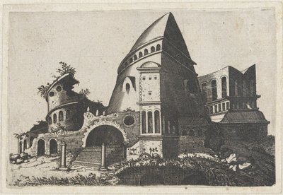 Ruïne met piramidevormige toren (serie titel) door Lambertus Suavius