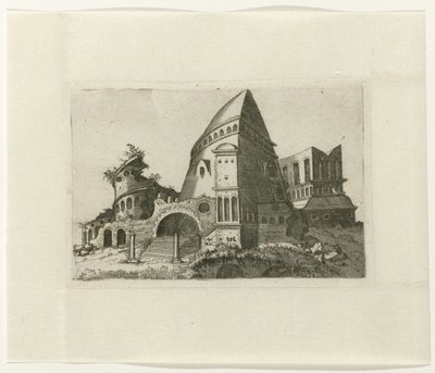 Ruïne met piramidevormige toren Ruinarum variarum fabricarum delineationes pictoribus caeterisque id genus artificibus multum utiles (serie titel) door Lambertus Suavius