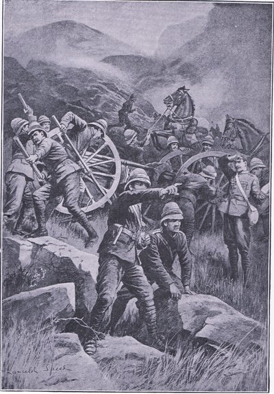Een kanon omvergeworpen op een heuvel, uit After Pretoria: The Guerilla War gepubliceerd door Harmsworth Bros Limited, 1901 door Lancelot Speed