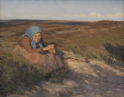 Een oude vrouw "Bette Dorte" op de hei door Larsen