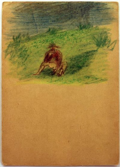 Zonder titel (Man zittend op weide) door Laszlo Moholy Nagy