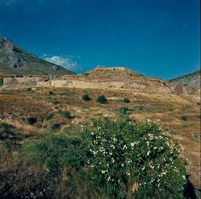 Zicht op de oude stad Mycene, in de Peloponnesos (1500-1100 v.Chr.) Griekenland door Late Helladic Period Mycenaean