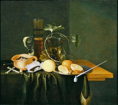 Stilleven van een Roemer omringd door wijnranken en fruit door Laurens Craen