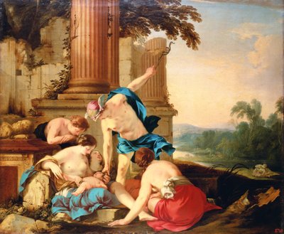 Mercurius vertrouwt Bacchus toe aan de zorg van de nimfen, 1638 door Laurent de la Hyre