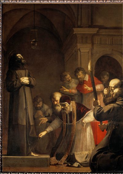 Paus Nicolaas V opent in 1449 de kelder van Sint Franciscus van Assisi door Laurent de la Hyre